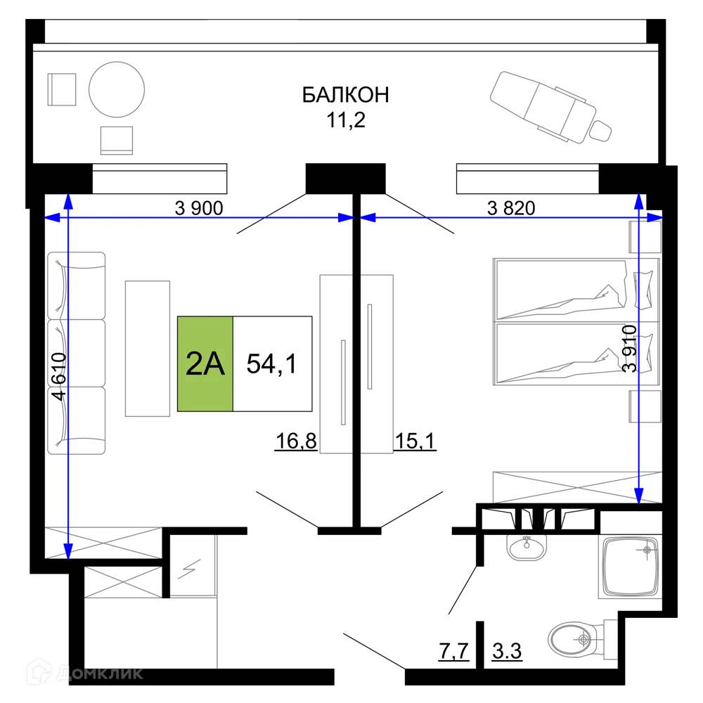 Планировка 2-комнатной квартиры 54.1 м² в ЖК Гостиничный комплекс «Мореград», г. Анапа — фото 1