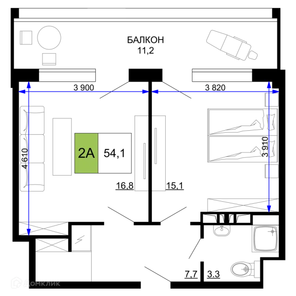 Планировка 2 комн. в ЖК Гостиничный комплекс «Мореград»
