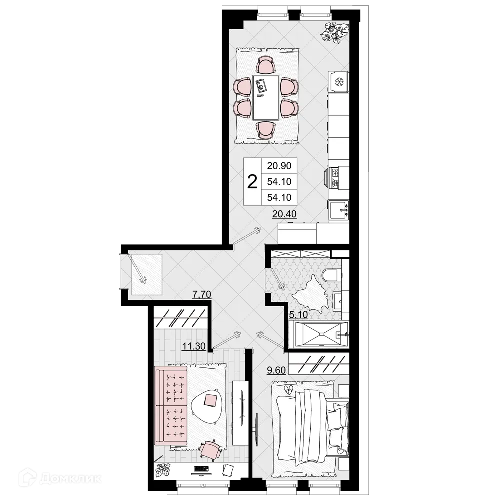 Планировка 2-комнатной квартиры 54.1 м² в ЖК Песчаный, г. Анапа — фото 1