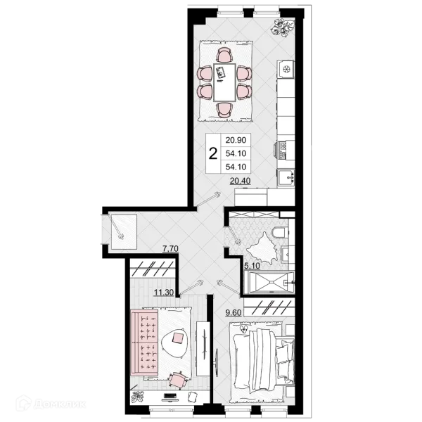Планировка 2 комн. в ЖК Песчаный