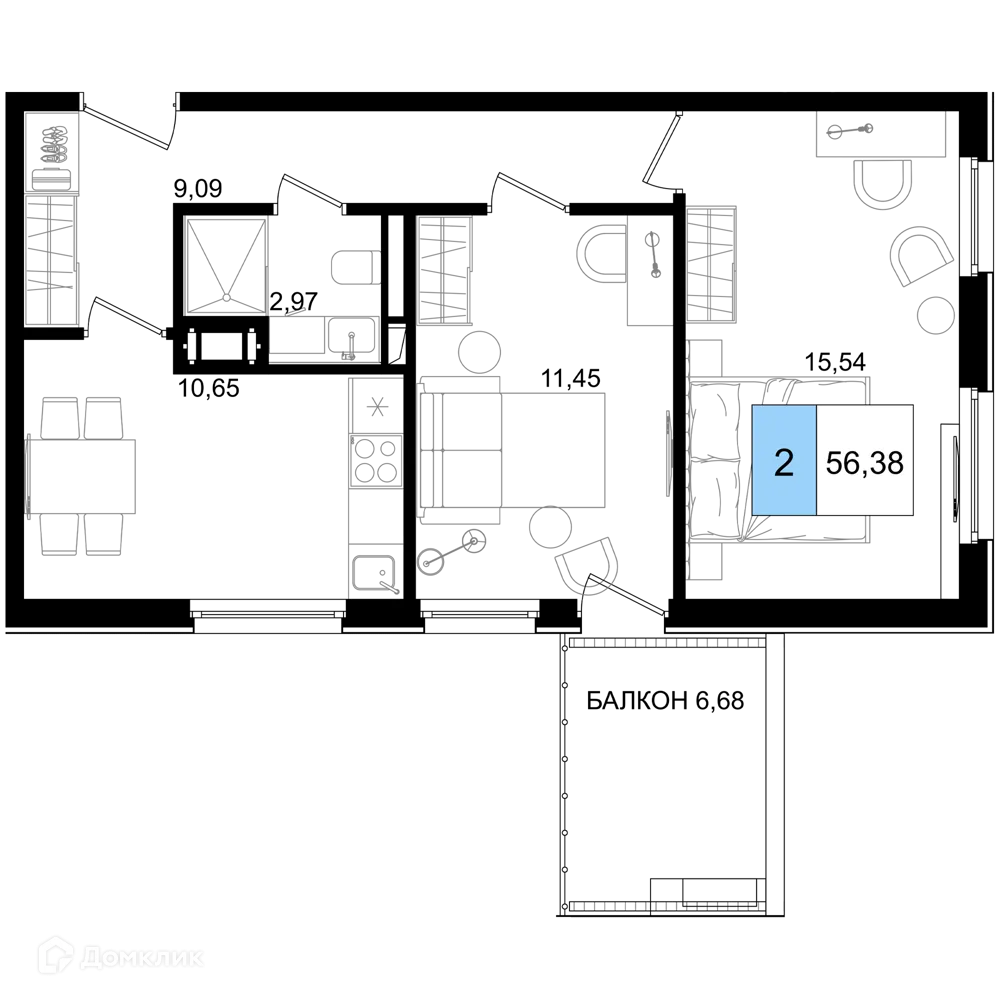 Планировка 2-комнатной квартиры 56.38 м² в ЖК Гостиничный комплекс "Корсаков", г. Анапа — фото 1