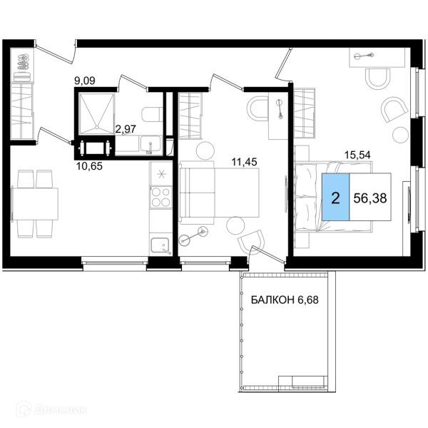 Планировка 2 комн. в ЖК Гостиничный комплекс "Корсаков"