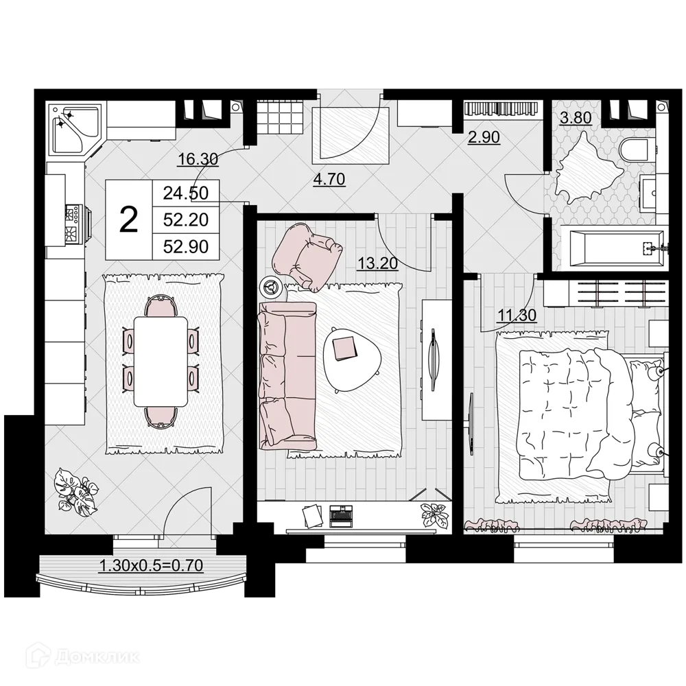 Планировка 2-комнатной квартиры 52.9 м² в ЖК Песчаный, г. Анапа — фото 1