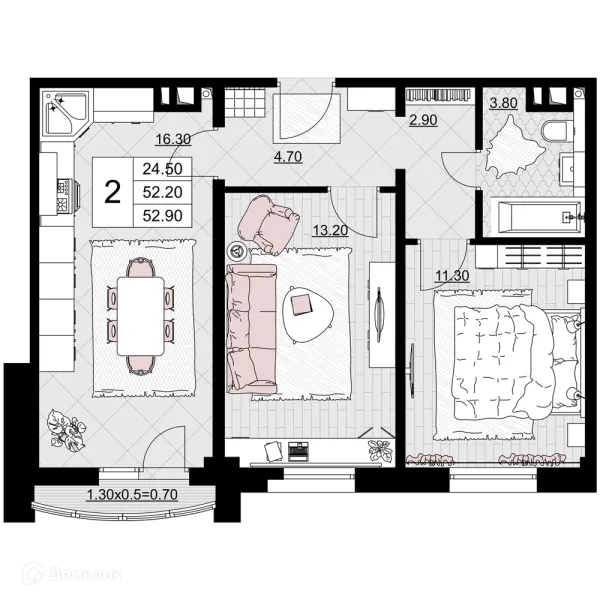 Планировка 2 комн. в ЖК Песчаный