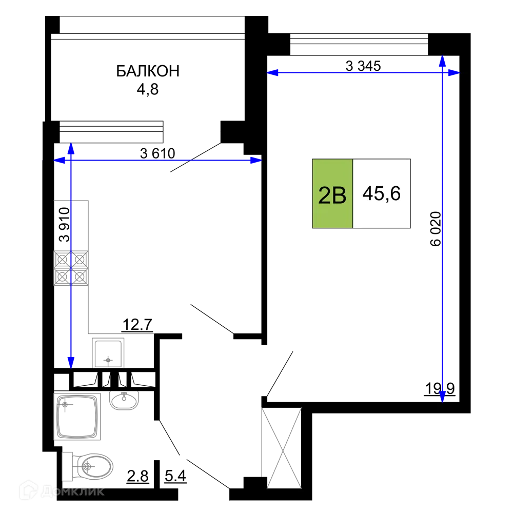 Планировка 2-комнатной квартиры 45.6 м² в ЖК Гостиничный комплекс «Мореград», г. Анапа — фото 1