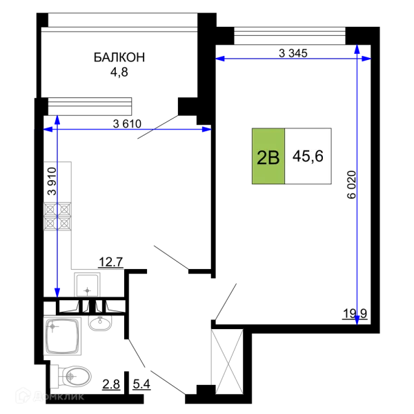 Планировка 2 комн. в ЖК Гостиничный комплекс «Мореград»