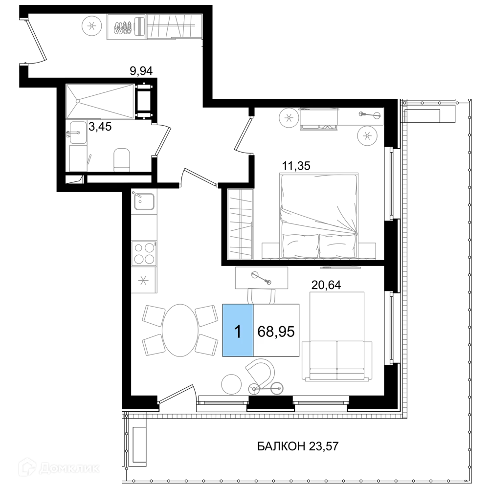 Планировка 1-комнатной квартиры 68.95 м² в ЖК Гостиничный комплекс "Корсаков", г. Анапа — фото 1