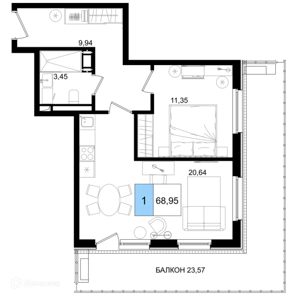 Планировка 1 комн. в ЖК Гостиничный комплекс "Корсаков"