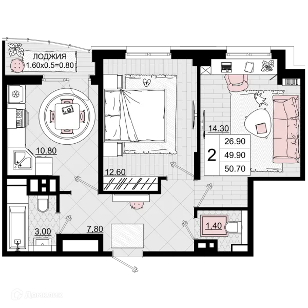 Планировка 2 комн. в ЖК Песчаный