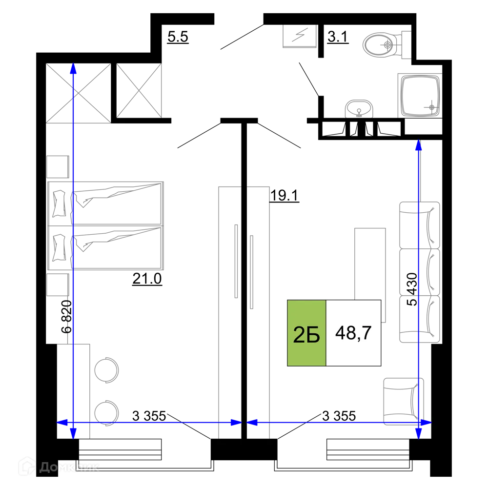 Планировка 2-комнатной квартиры 48.7 м² в ЖК Гостиничный комплекс «Мореград», г. Анапа — фото 1