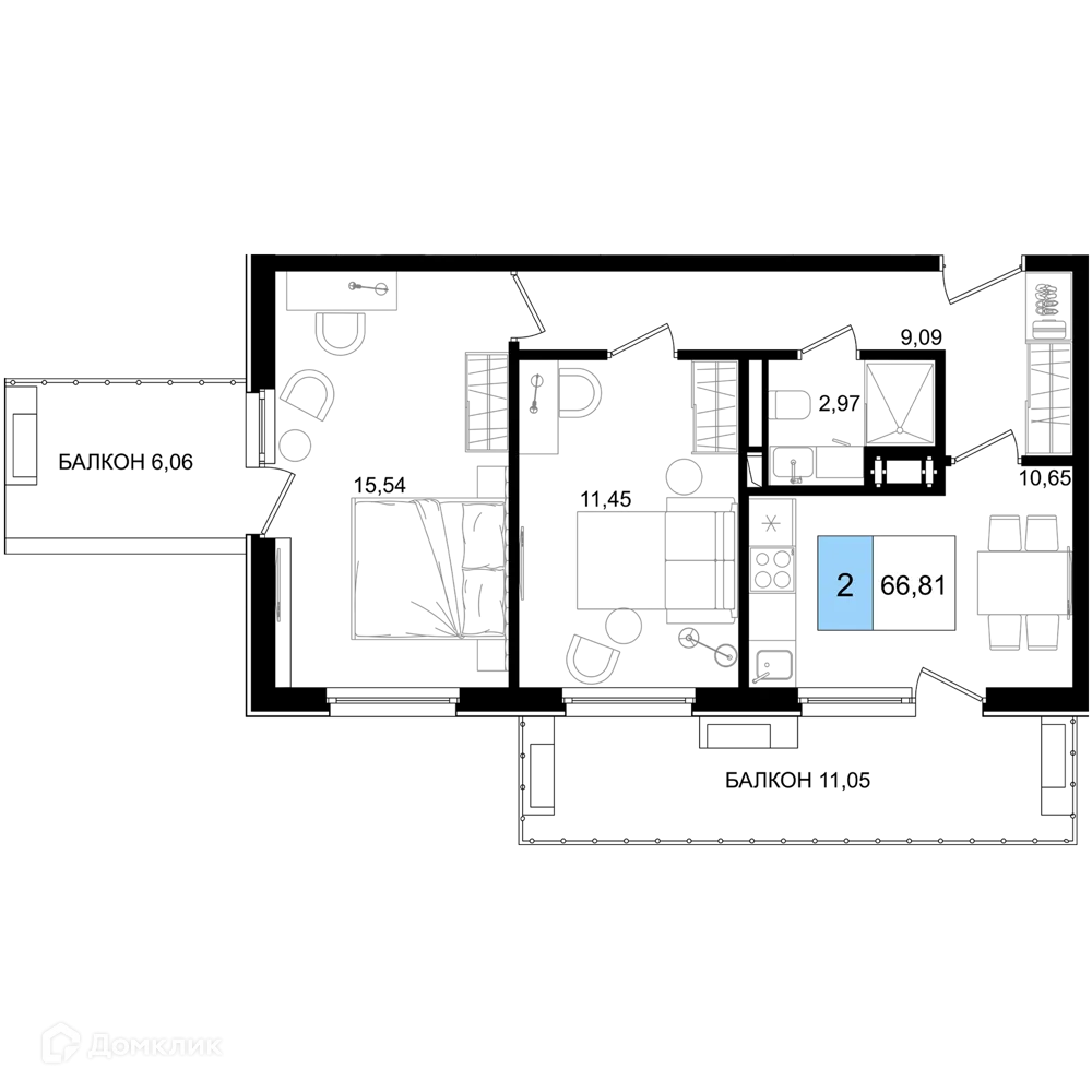 Планировка 2-комнатной квартиры 66.81 м² в ЖК Гостиничный комплекс "Корсаков", г. Анапа — фото 1