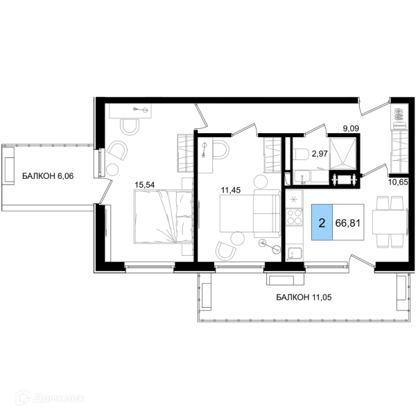 Планировка 2 комн. в ЖК Гостиничный комплекс "Корсаков"