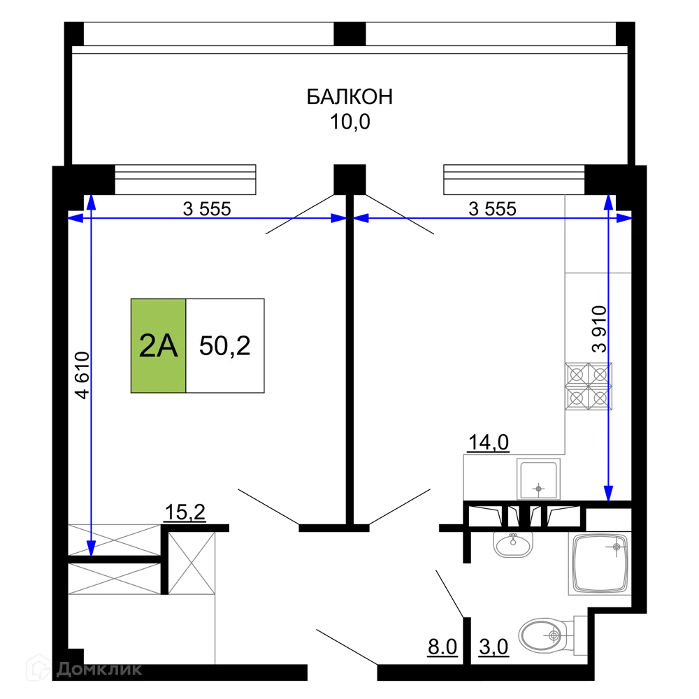 Планировка 2-комнатной квартиры 50.2 м² в ЖК Гостиничный комплекс «Мореград», г. Анапа — фото 1