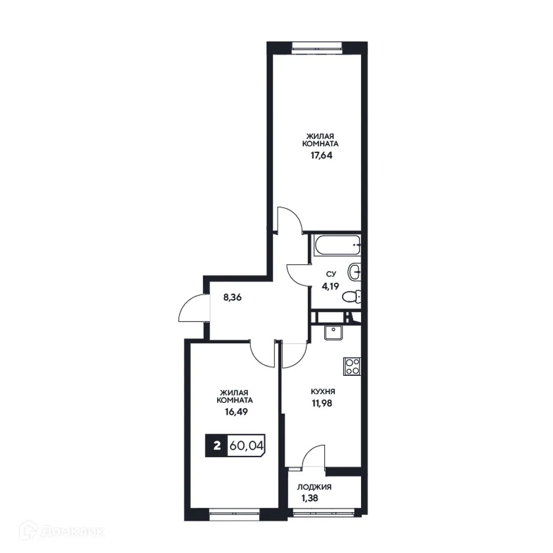 Планировка 2-комнатной квартиры 60.04 м² в ЖК"Центральный", г. Анапа — фото 1