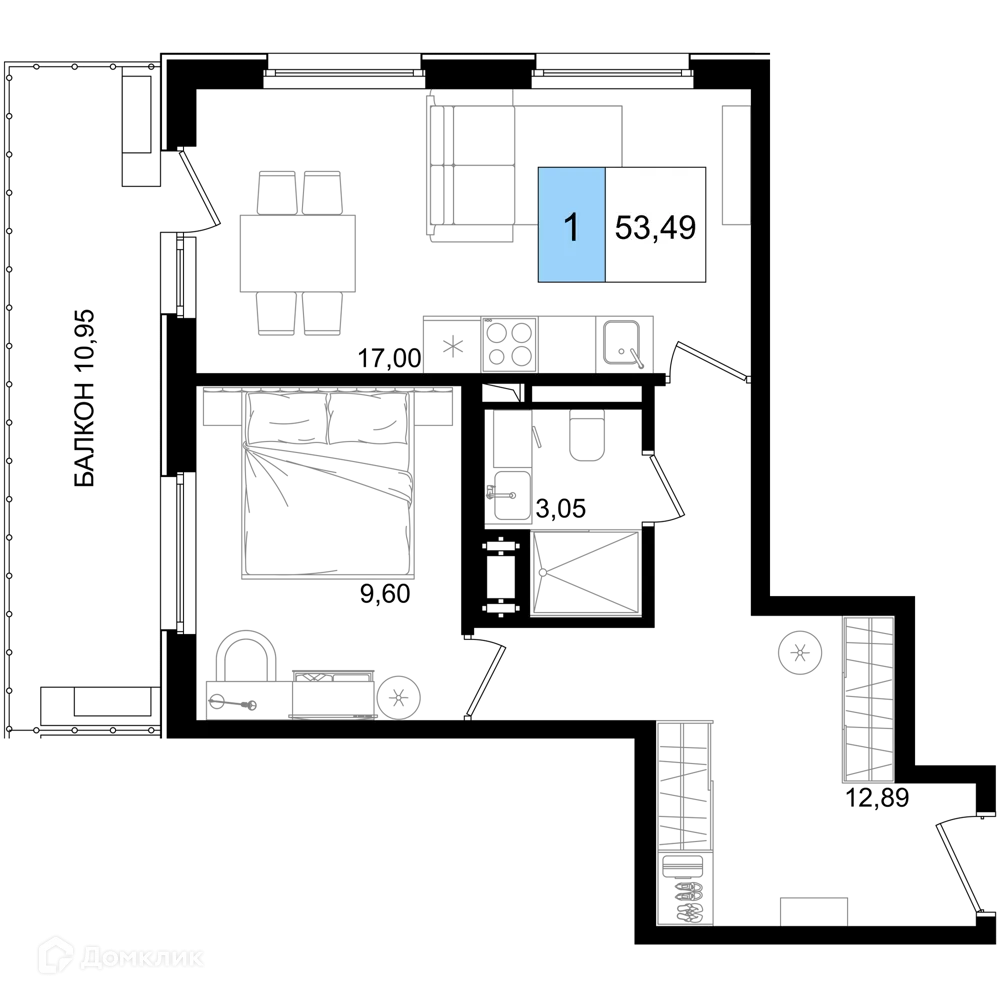 Планировка 1-комнатной квартиры 53.49 м² в ЖК Гостиничный комплекс "Корсаков", г. Анапа — фото 1