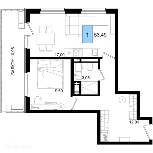 Планировка 1 комн. в ЖК Гостиничный комплекс "Корсаков"