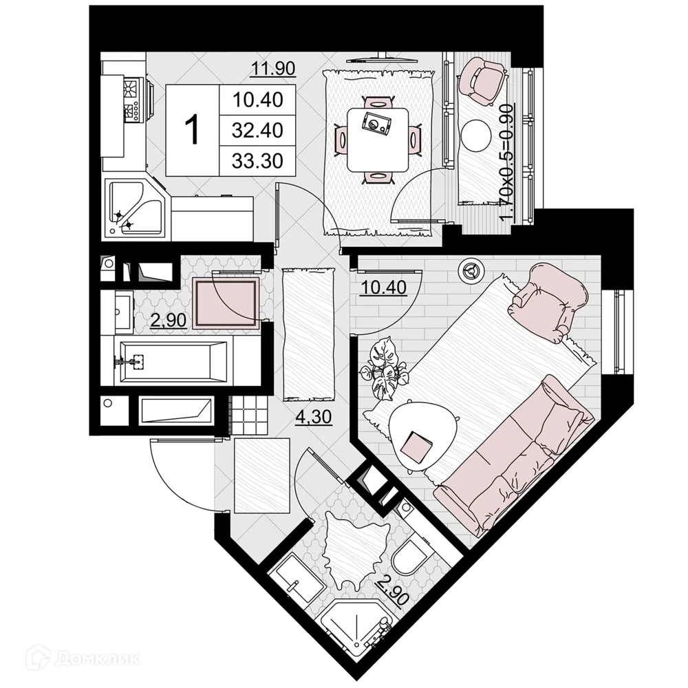 Планировка 1-комнатной квартиры 33.3 м² в ЖК Песчаный, г. Анапа — фото 1