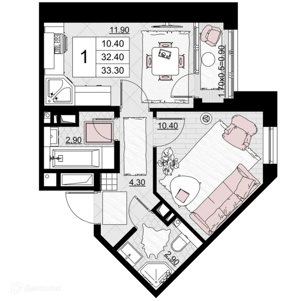 Планировка 1 комн. в ЖК Песчаный