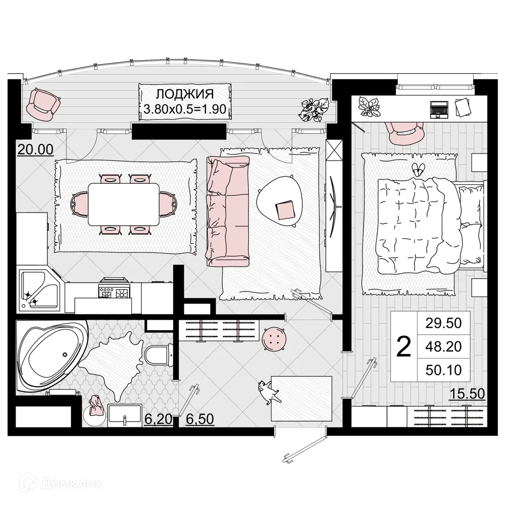 Планировка 2-комнатной квартиры 50.1 м² в ЖК Песчаный, г. Анапа — фото 1