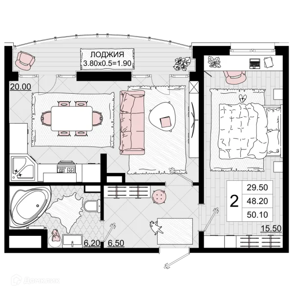 Планировка 2 комн. в ЖК Песчаный