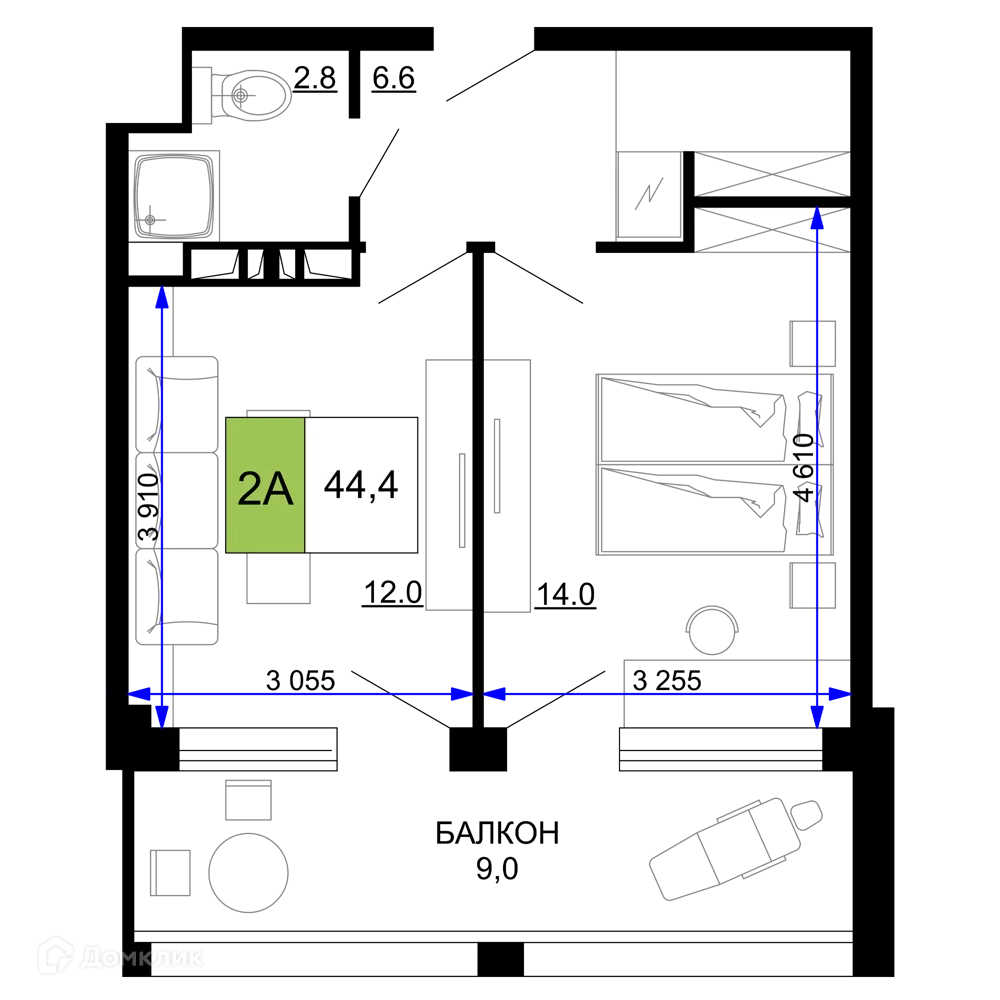 Планировка 2-комнатной квартиры 44.4 м² в ЖК Гостиничный комплекс «Мореград», г. Анапа — фото 1