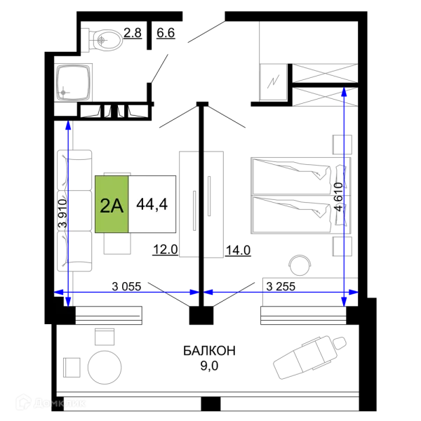 Планировка 2 комн. в ЖК Гостиничный комплекс «Мореград»