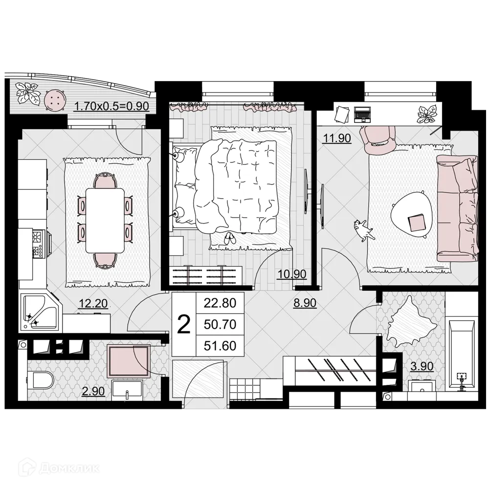 Планировка 2-комнатной квартиры 51.6 м² в ЖК Песчаный, г. Анапа — фото 1