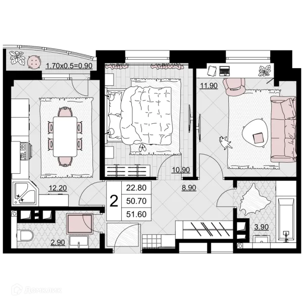 Планировка 2 комн. в ЖК Песчаный