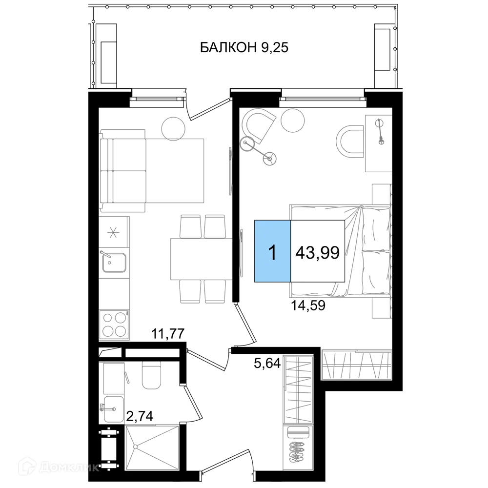 Планировка 1-комнатной квартиры 43.99 м² в ЖК Гостиничный комплекс "Корсаков", г. Анапа — фото 1