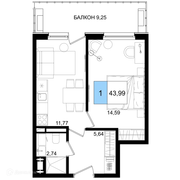 Планировка 1 комн. в ЖК Гостиничный комплекс "Корсаков"