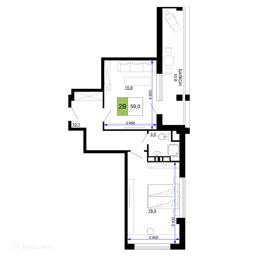 Планировка 2-комнатной квартиры 59 м² в ЖК Гостиничный комплекс «Мореград», г. Анапа — фото 1