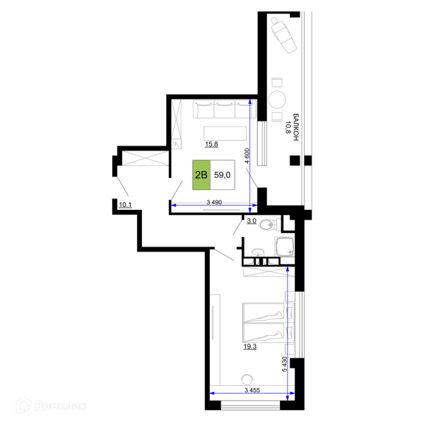 Планировка 2 комн. в ЖК Гостиничный комплекс «Мореград»