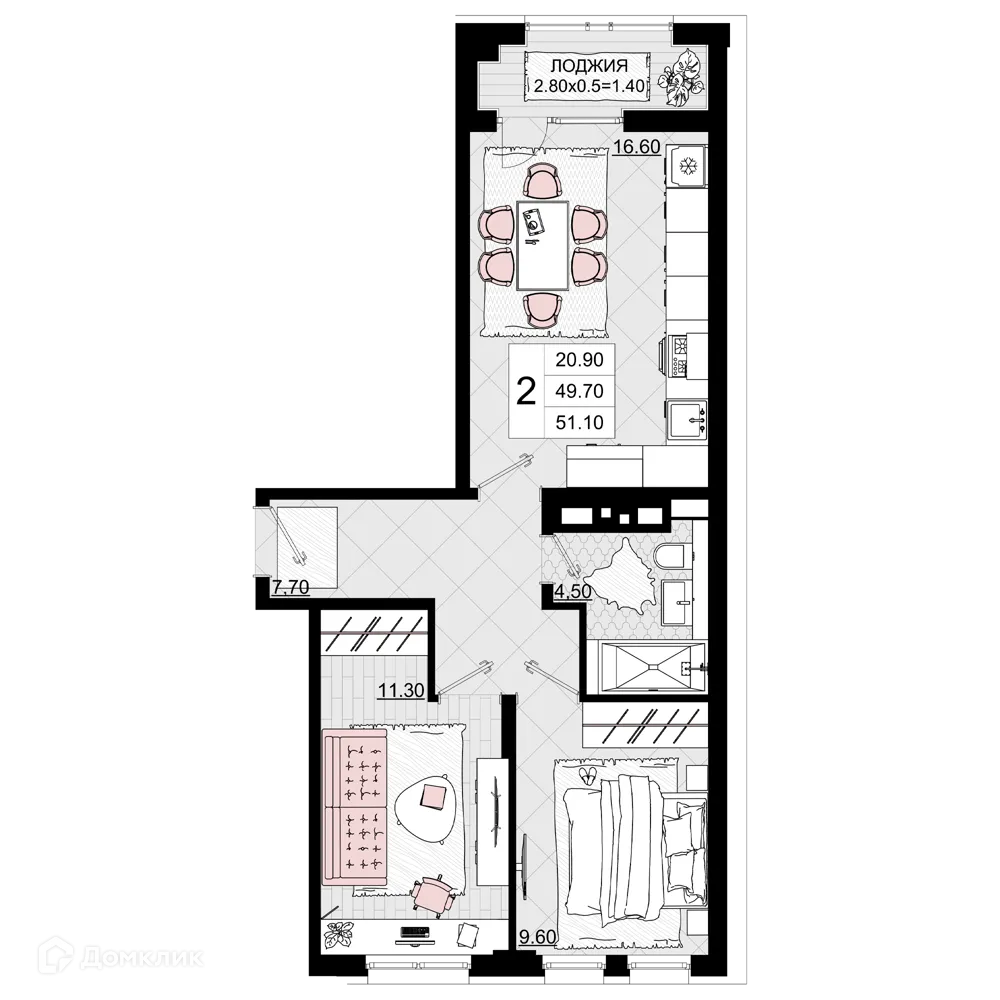 Планировка 2-комнатной квартиры 51.1 м² в ЖК Песчаный, г. Анапа — фото 1