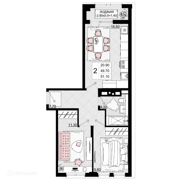 Планировка 2 комн. в ЖК Песчаный