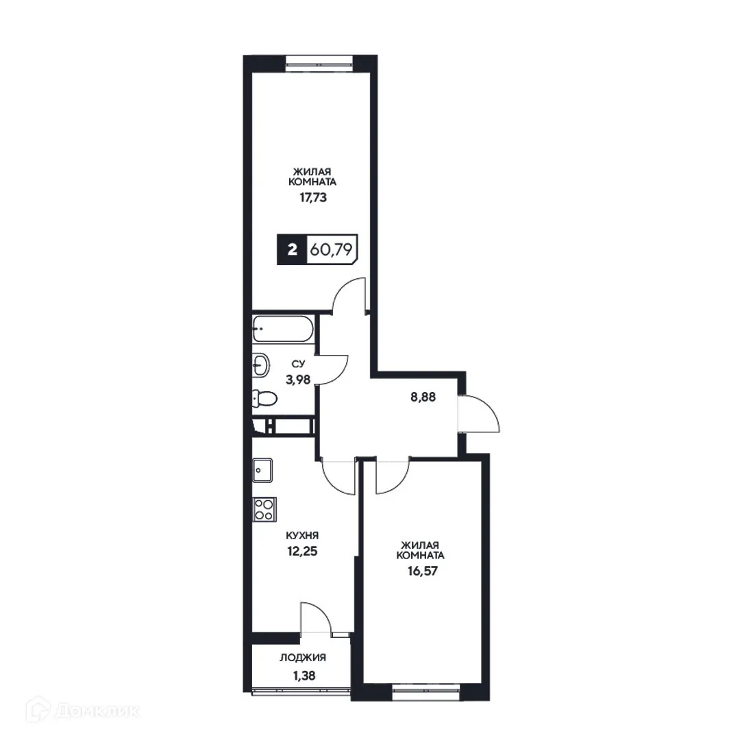 Планировка 2-комнатной квартиры 60.79 м² в ЖК"Центральный", г. Анапа — фото 1