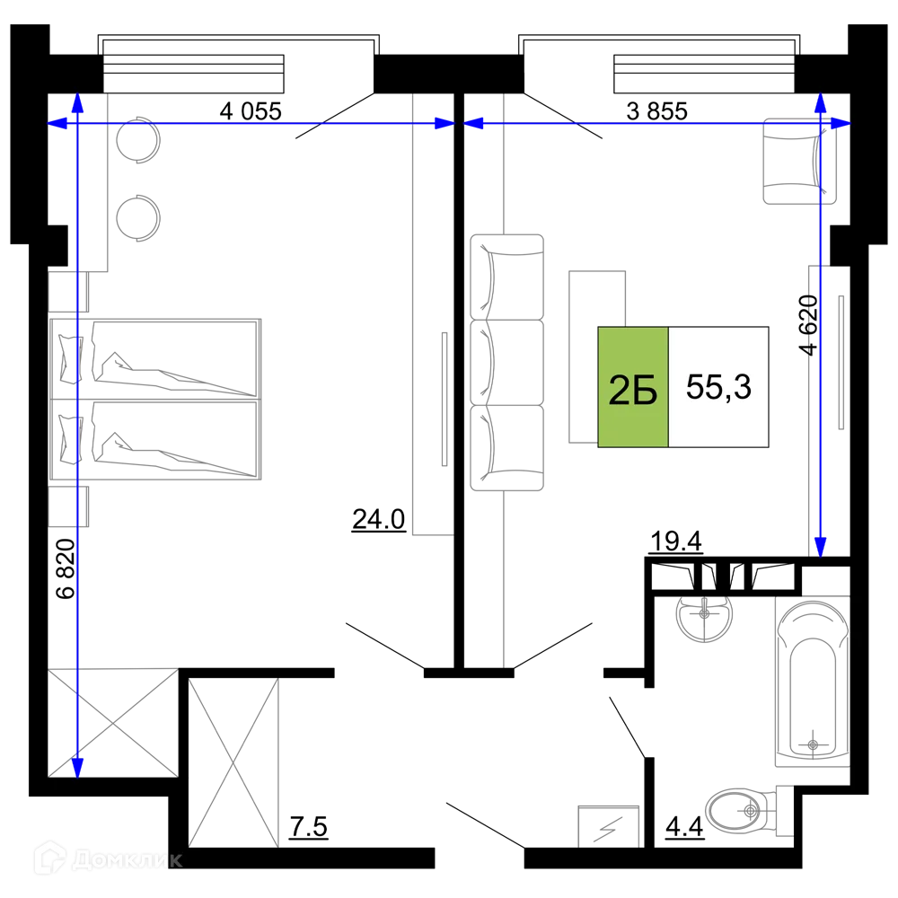 Планировка 2-комнатной квартиры 55.3 м² в ЖК Гостиничный комплекс «Мореград», г. Анапа — фото 1