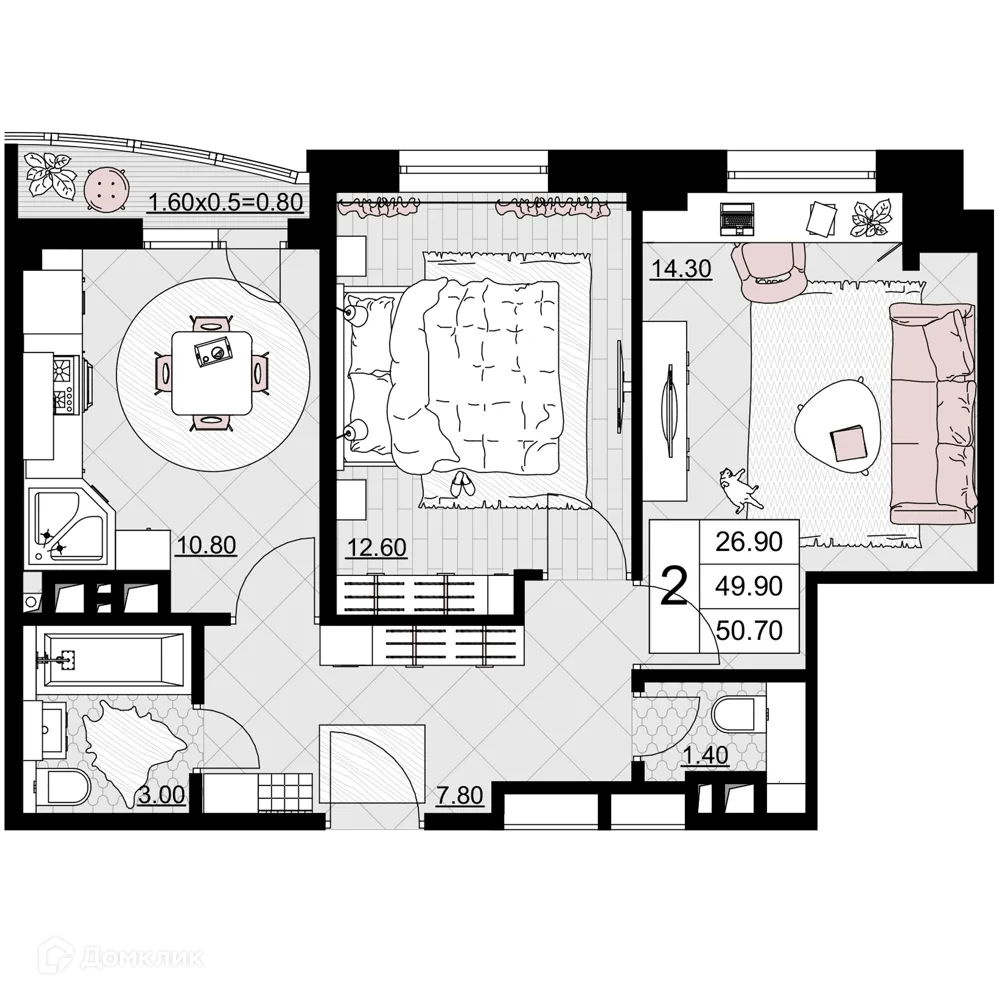 Планировка 2-комнатной квартиры 50.7 м² в ЖК Песчаный, г. Анапа — фото 1