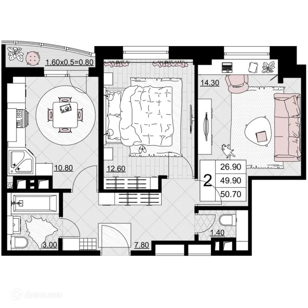 Планировка 2 комн. в ЖК Песчаный