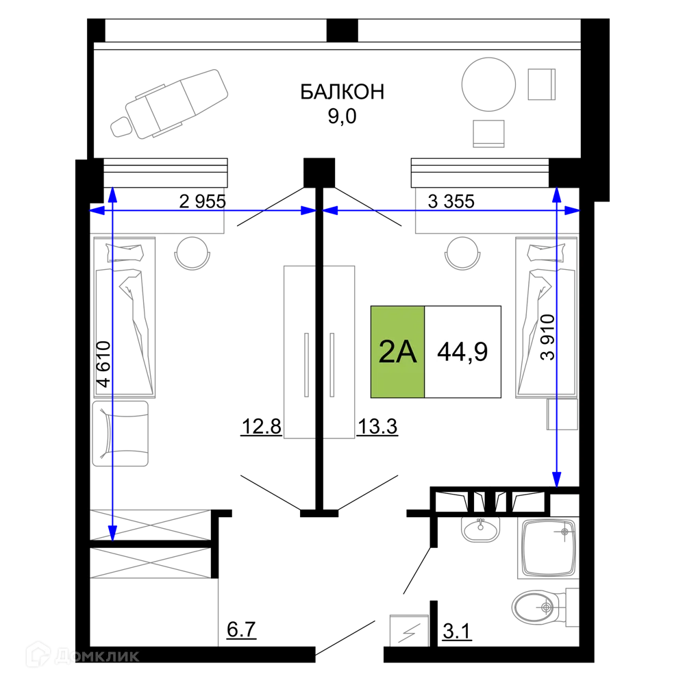Планировка 2-комнатной квартиры 44.9 м² в ЖК Гостиничный комплекс «Мореград», г. Анапа — фото 1