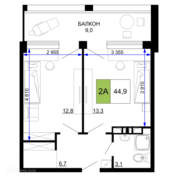 Планировка 2 комн. в ЖК Гостиничный комплекс «Мореград»
