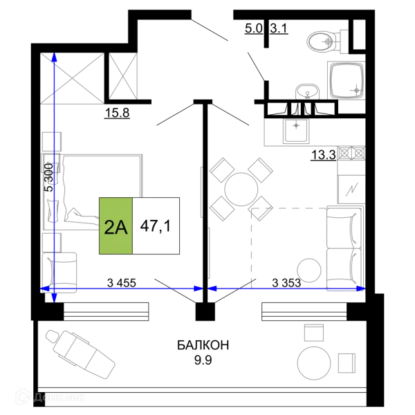 Планировка 2 комн. в ЖК Гостиничный комплекс «Мореград»