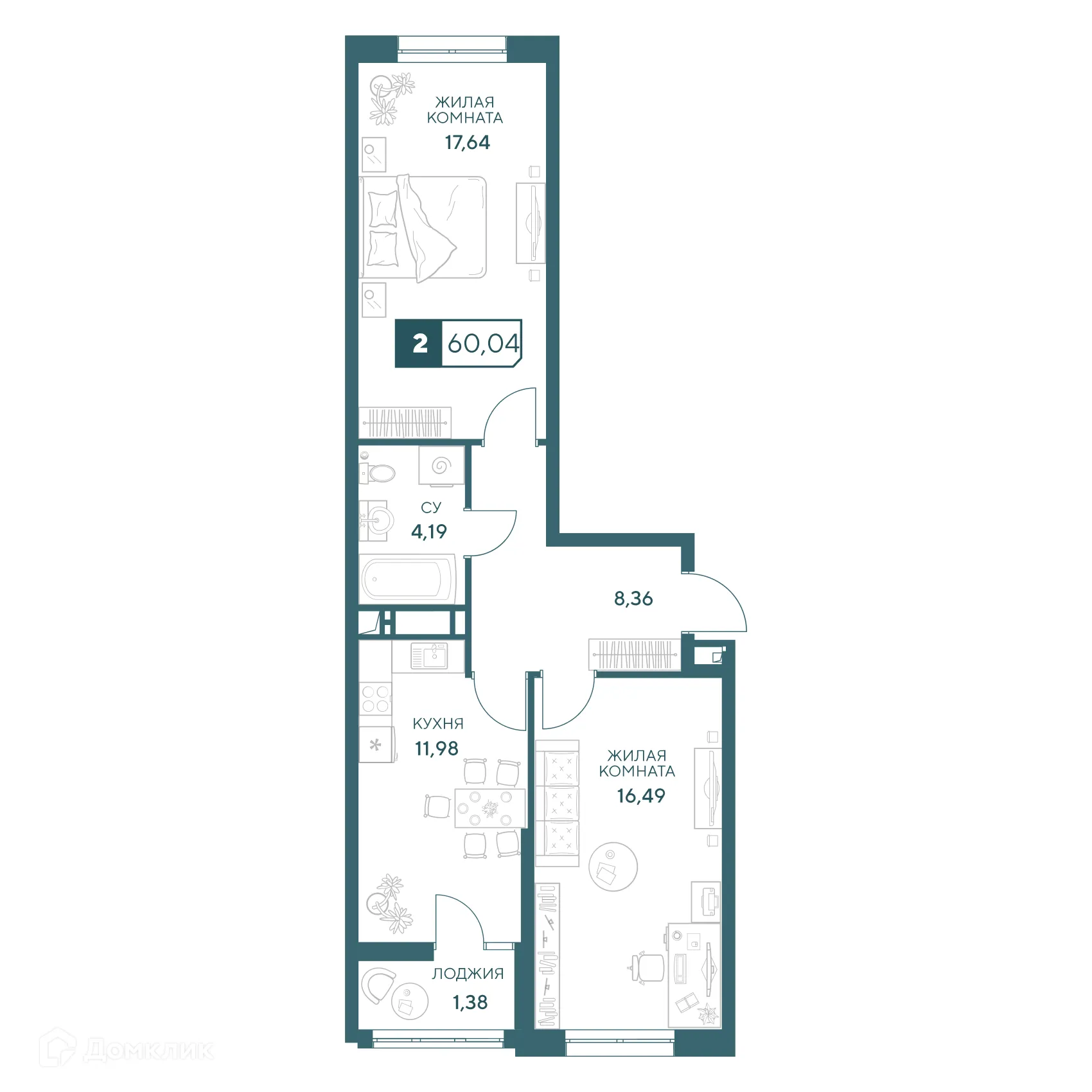 Планировка 2-комнатной квартиры 60.04 м² в ЖК"Центральный", г. Анапа — фото 1