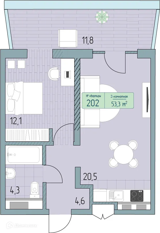 Планировка 2-комнатной квартиры 61.56 м² в ЖК Гостиничный комплекс Морелло, г. Анапа — фото 1
