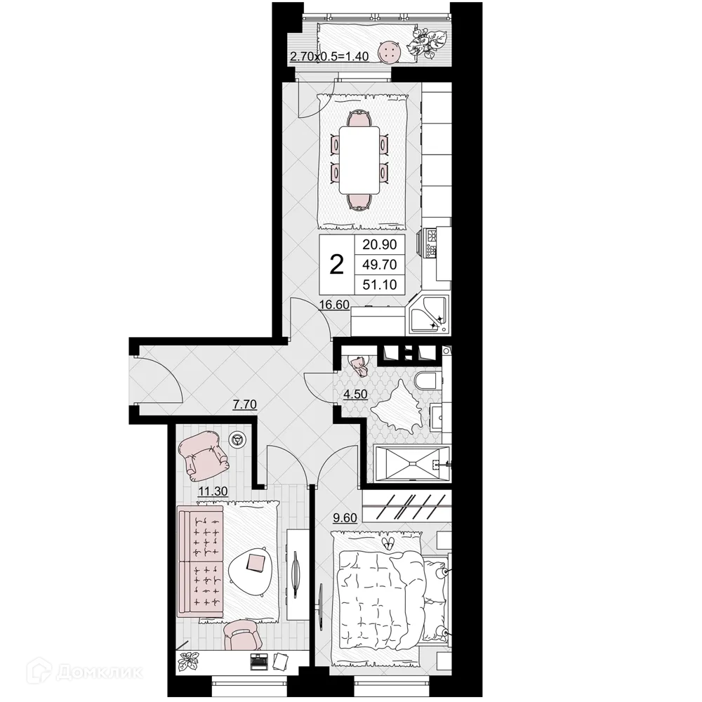 Планировка 2-комнатной квартиры 51.1 м² в ЖК Песчаный, г. Анапа — фото 1