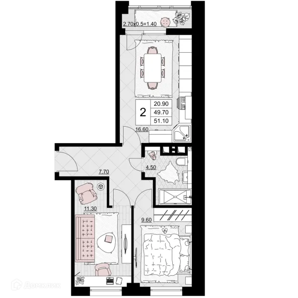Планировка 2 комн. в ЖК Песчаный