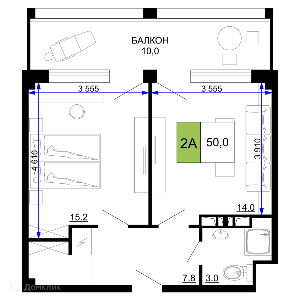 Планировка 2-комнатной квартиры 50 м² в ЖК Гостиничный комплекс «Мореград», г. Анапа — фото 1