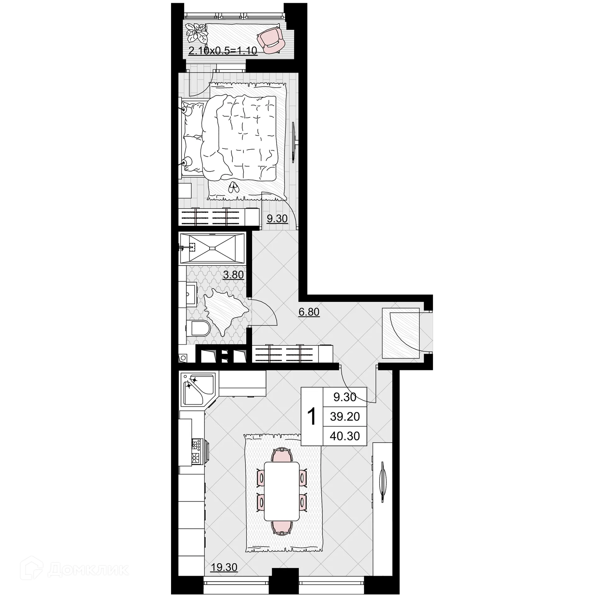 Планировка 1-комнатной квартиры 40.3 м² в ЖК Песчаный, г. Анапа — фото 1