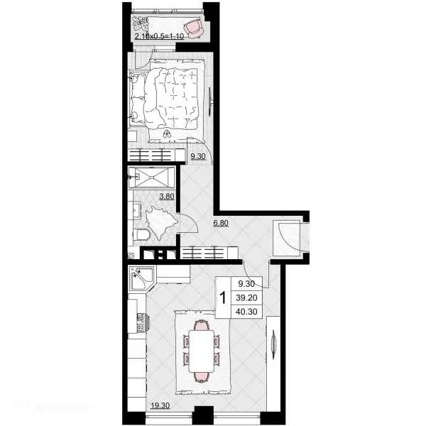 Планировка 1 комн. в ЖК Песчаный