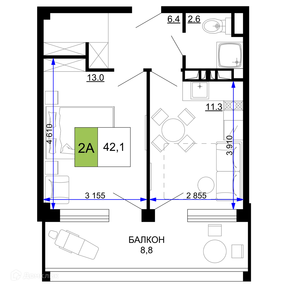 Планировка 2-комнатной квартиры 42.1 м² в ЖК Гостиничный комплекс «Мореград», г. Анапа — фото 1