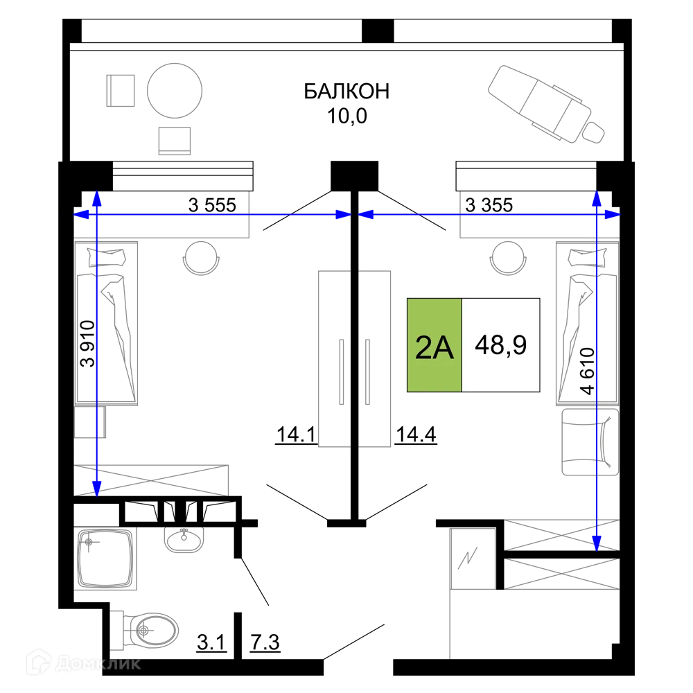 Планировка 2-комнатной квартиры 48.9 м² в ЖК Гостиничный комплекс «Мореград», г. Анапа — фото 1